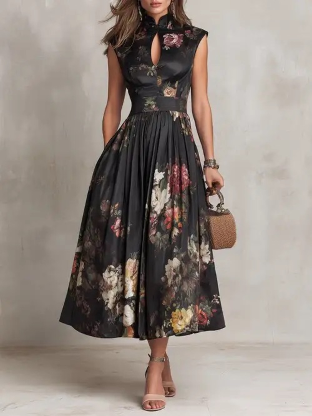 Keyhole Collar Floral Pleated Satin Midi Dress